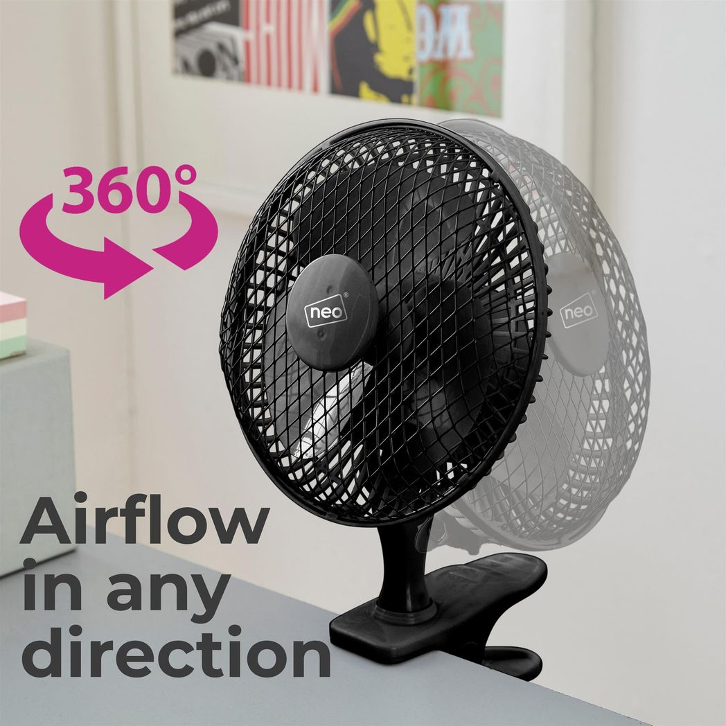 Neo Mini 6" Clip Base Mount Desk Fan, Black, 360° Adjustable, 2 Speeds