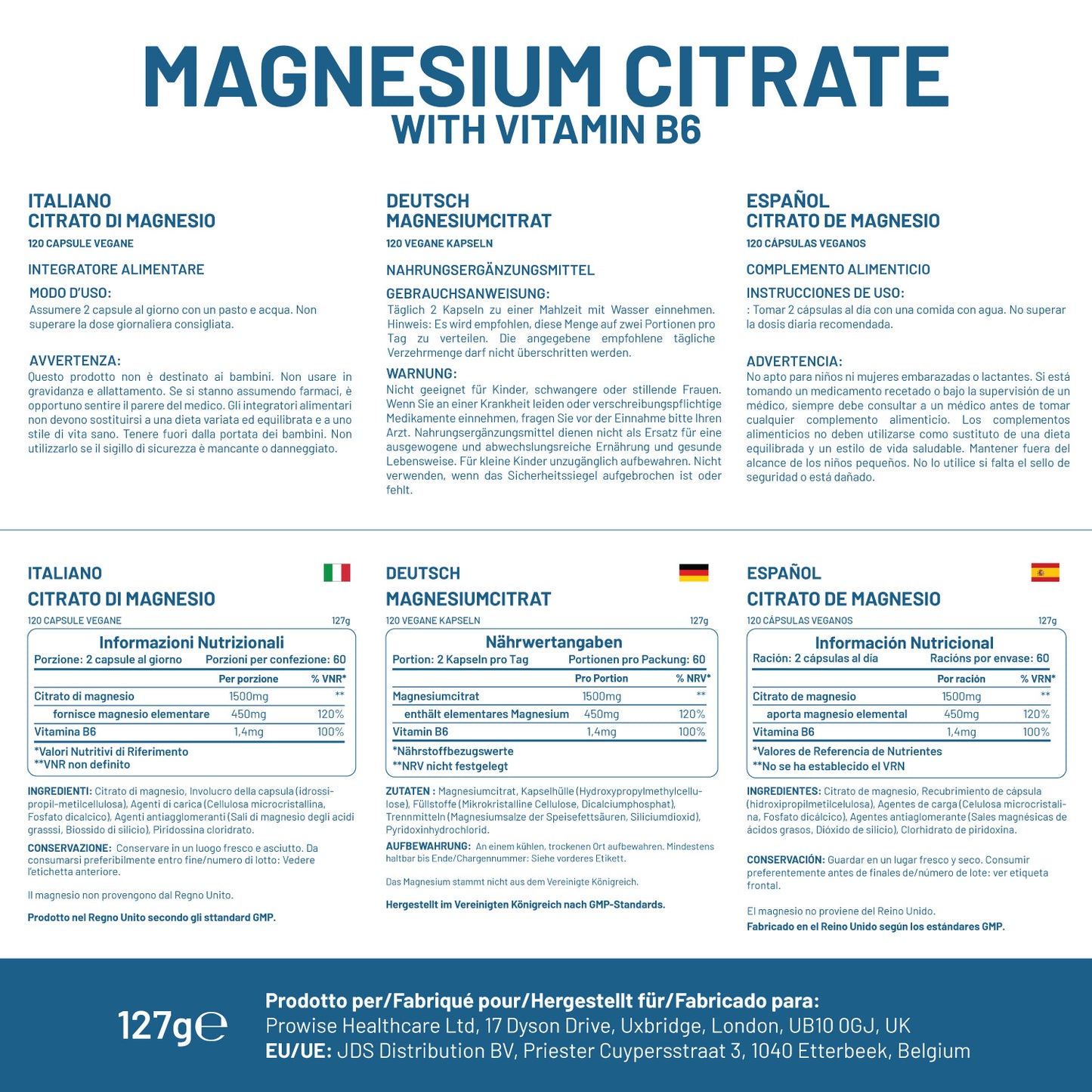 Magnesium Citrate 1500mg with Vitamin B6 | 120 Vegan Capsules (450mg Mg)