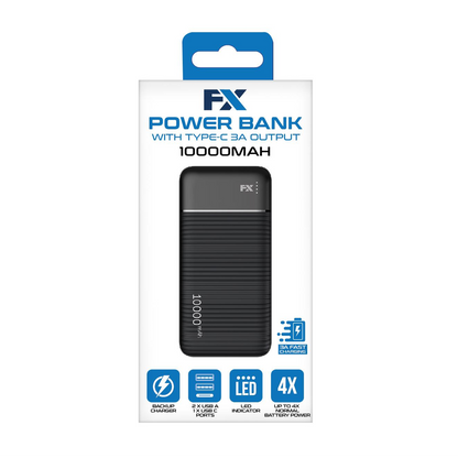 10,000mAh FX Power Bank w/ USB-C 3A Output – Black
