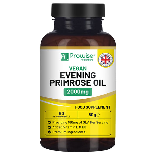 Vegan Evening Primrose Oil 2000mg with Vitamin E & B6, 60 Softgels (180mg GLA)