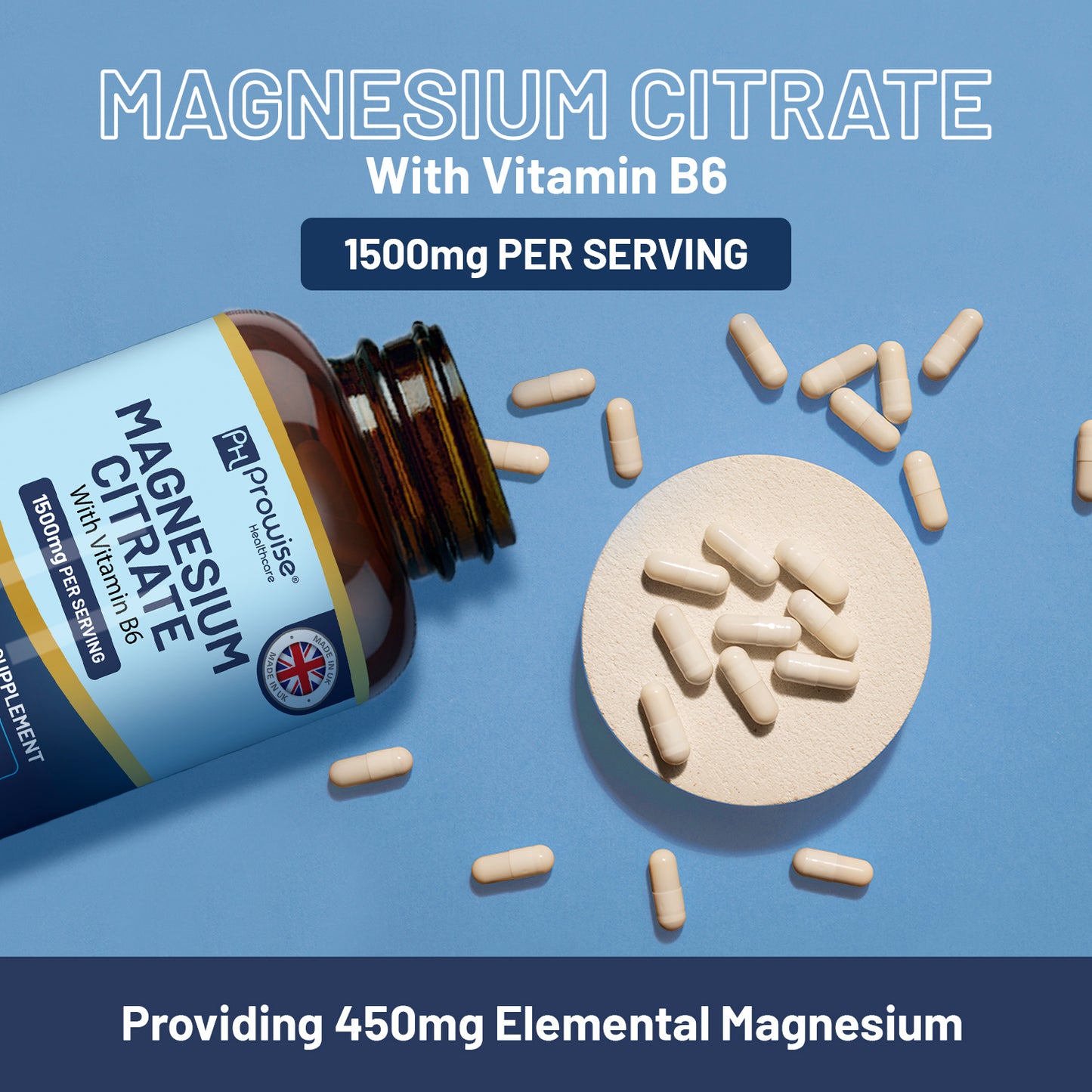 Magnesium Citrate 1500mg with Vitamin B6 | 120 Vegan Capsules (450mg Mg)