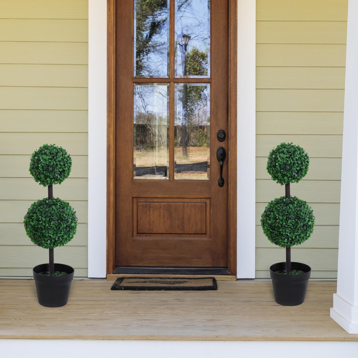 Set of 2 Artificial Boxwood Ball Topiary Trees in Green, PE Plants