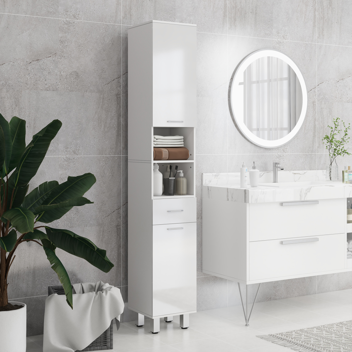 kleankin Tall Narrow Bathroom Storage Cabinet Cupboard w/ Drawer & 2-Tier Doors, White