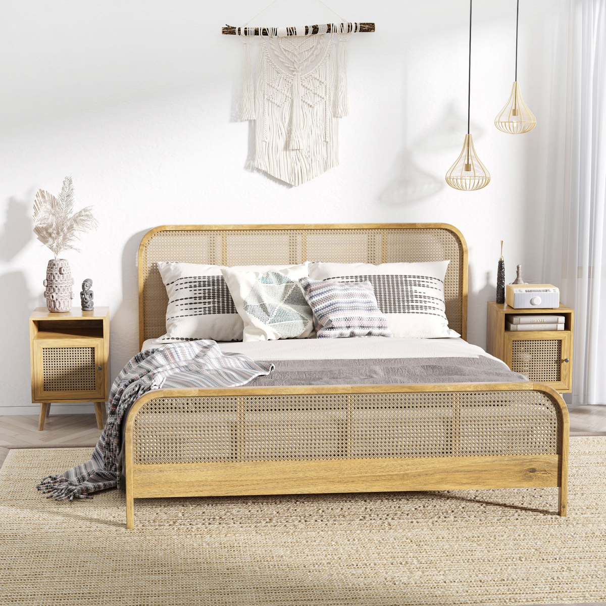 HOMCOM Rattan Nightstand with Cabinet, Shelf & Tabletop Storage, Anti-Tip