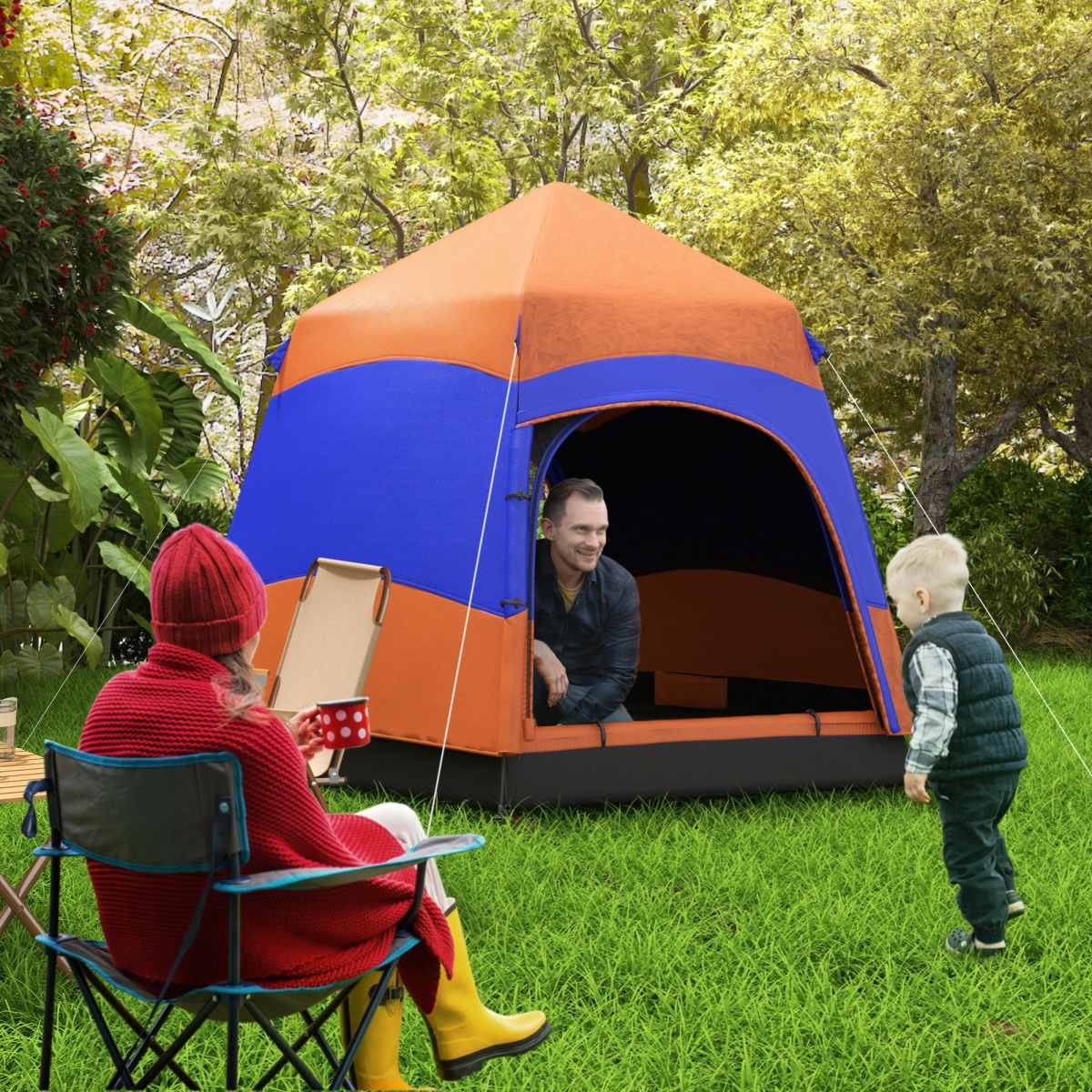 4-Person Pop-Up Hexagon Camping Tent, Portable Family Shelter with Stakes & Ropes