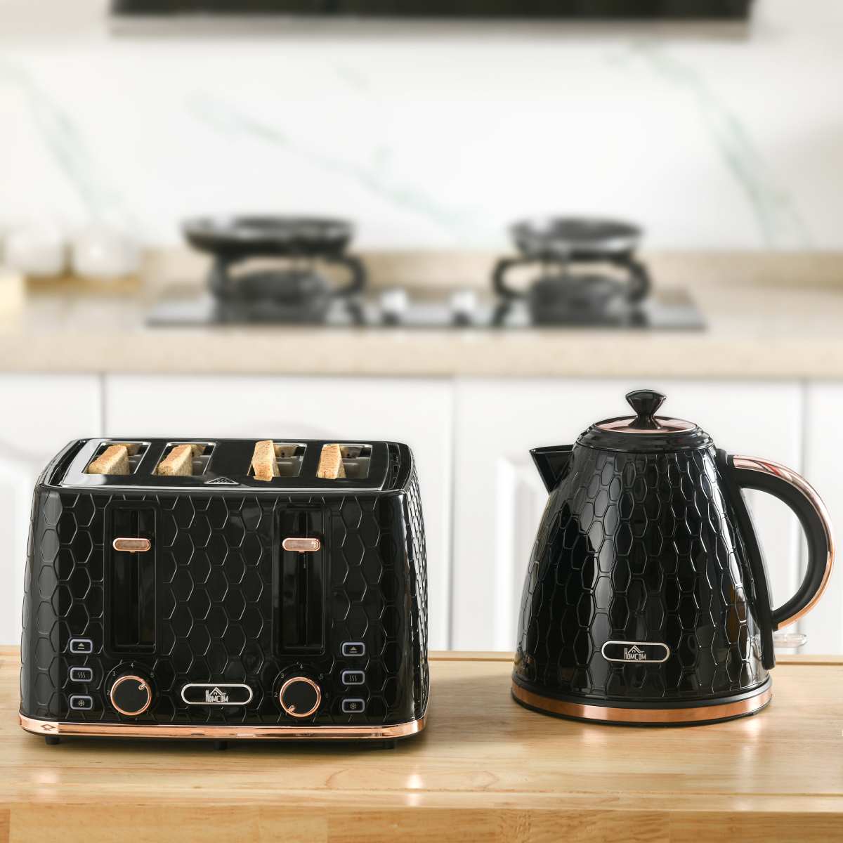 HOMCOM 1.7L Kettle & 4-Slice Toaster Set w/ Defrost, Reheat, Crumb Tray, Black