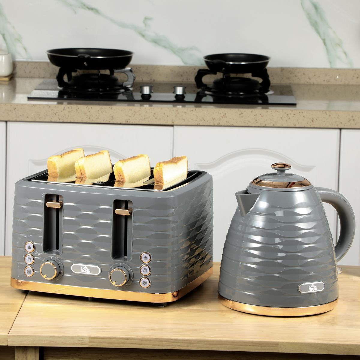 HOMCOM 1.7L Kettle & 4-Slice Toaster Set, Grey, Rapid Boil, 7 Browning Levels