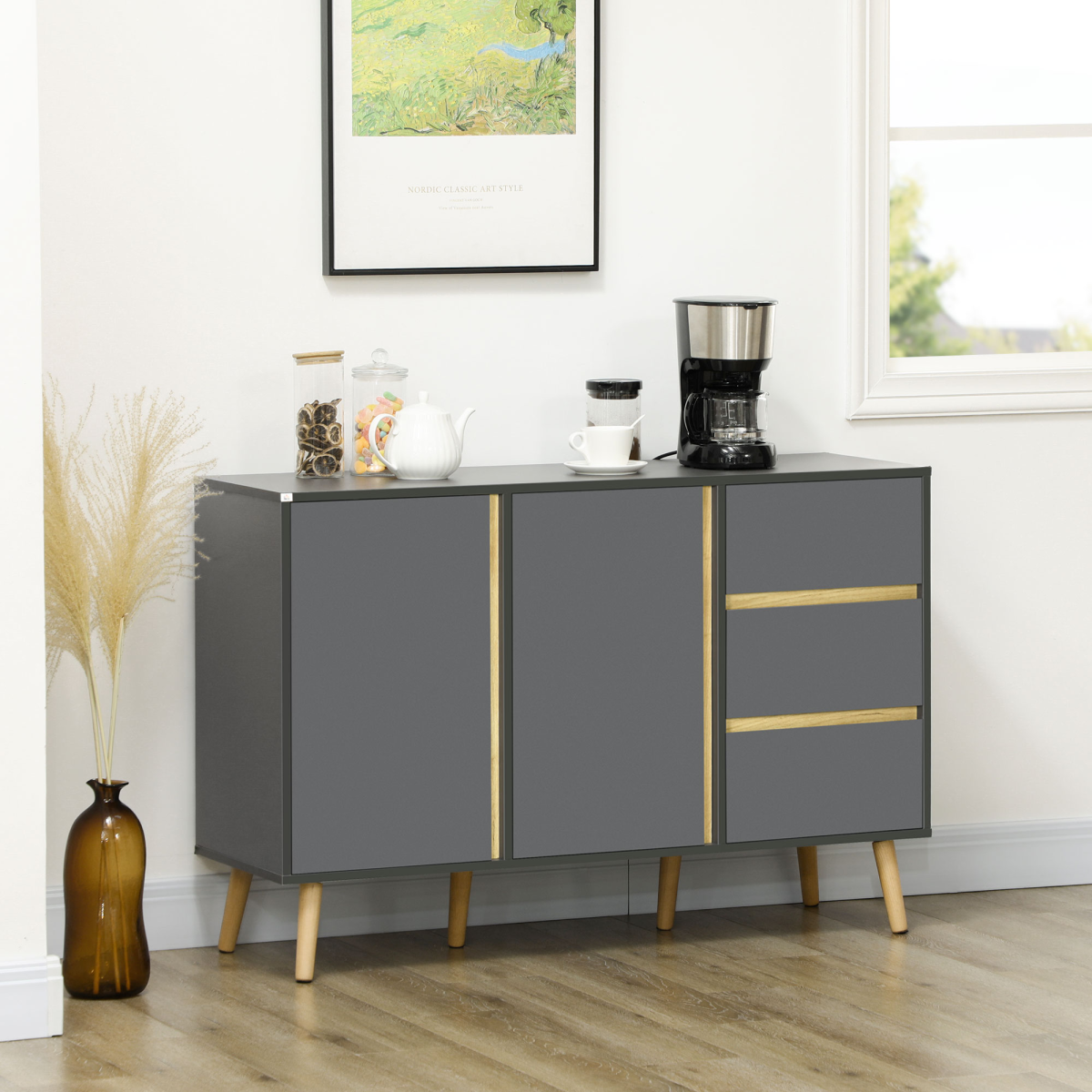 Dark Grey Sideboard Cabinet with Adjustable Shelves, Double Doors & 3 Drawers