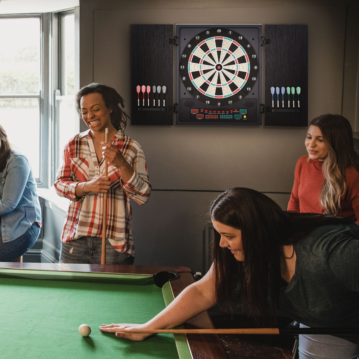 LED Electronic Dartboard with Digital Scoreboard, 27 Games & Storage Cabinet