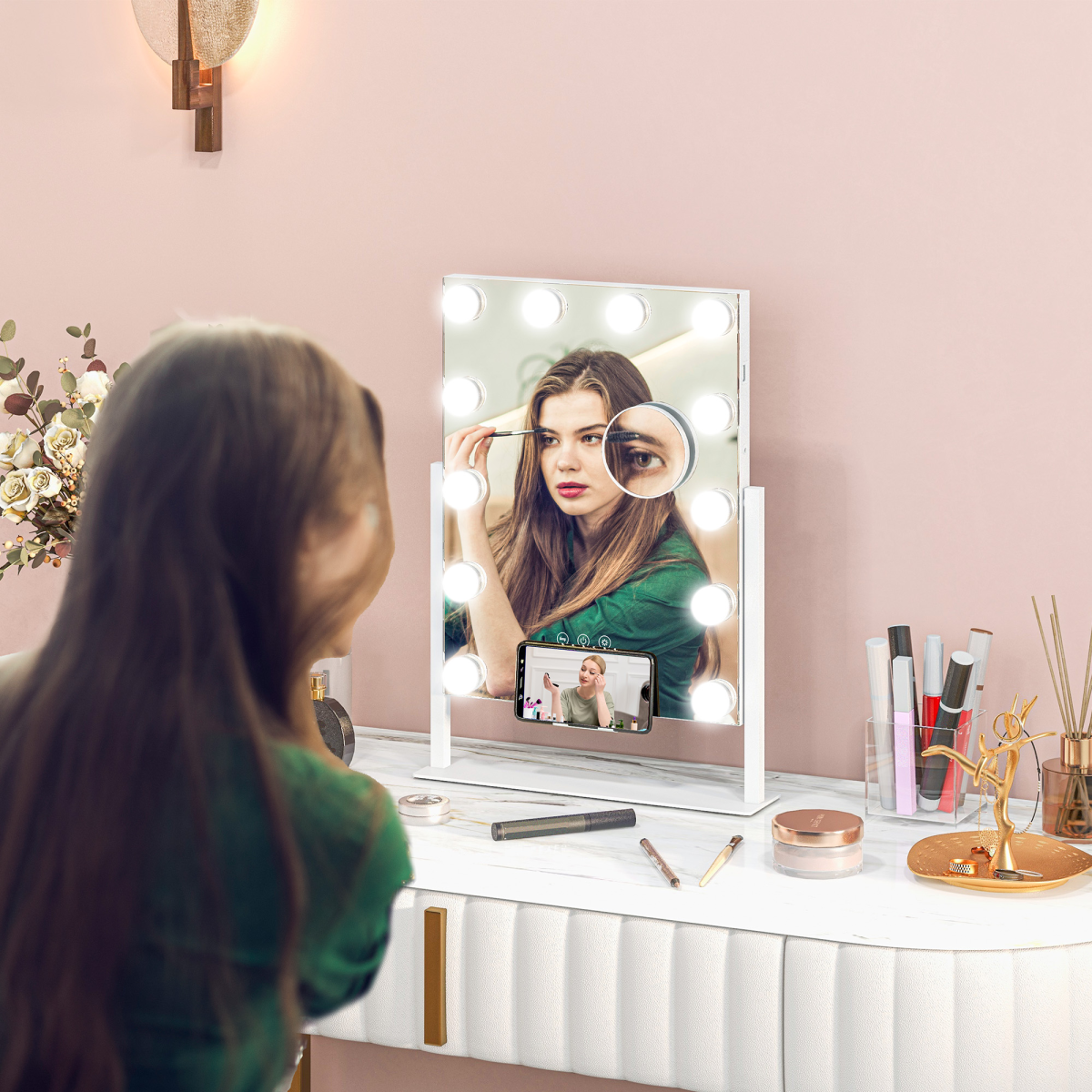 HOMCOM Hollywood LED Makeup Mirror with Magnifier, 3 Lighting Modes & USB Port