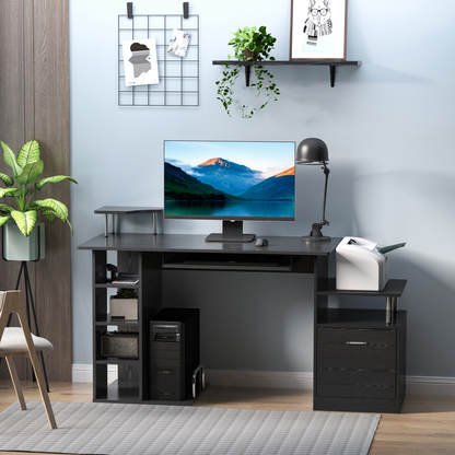 HOMCOM Wood Computer Desk with Pull-Out Keyboard Tray, Drawer & Shelves