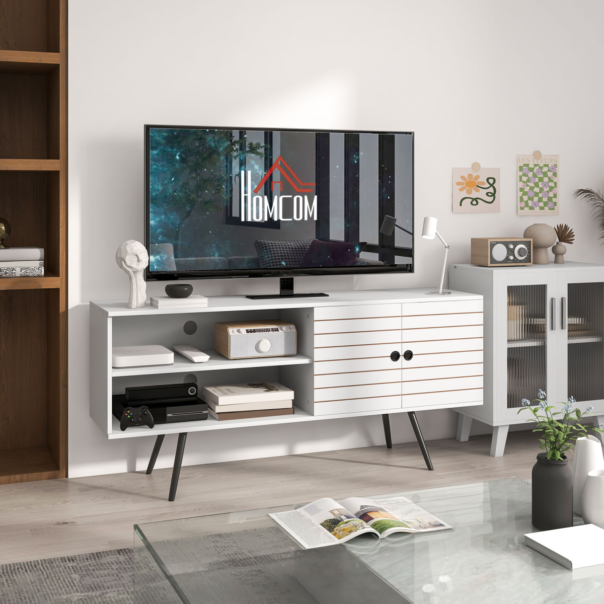 HOMCOM White TV Unit Cabinet for 65" TVs, Storage Shelves & Cable Holes