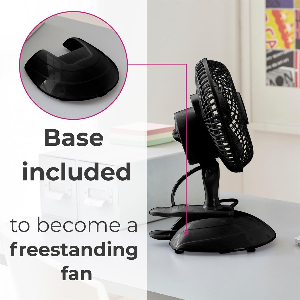 Neo Mini 6" Clip Base Mount Desk Fan, Black, 360° Adjustable, 2 Speeds