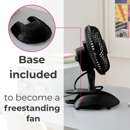 Neo Mini 6" Clip Base Mount Desk Fan, Black, 360° Adjustable, 2 Speeds