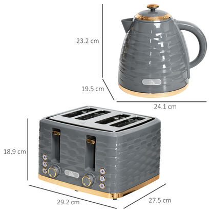 HOMCOM 1.7L Kettle & 4-Slice Toaster Set, Grey, Rapid Boil, 7 Browning Levels