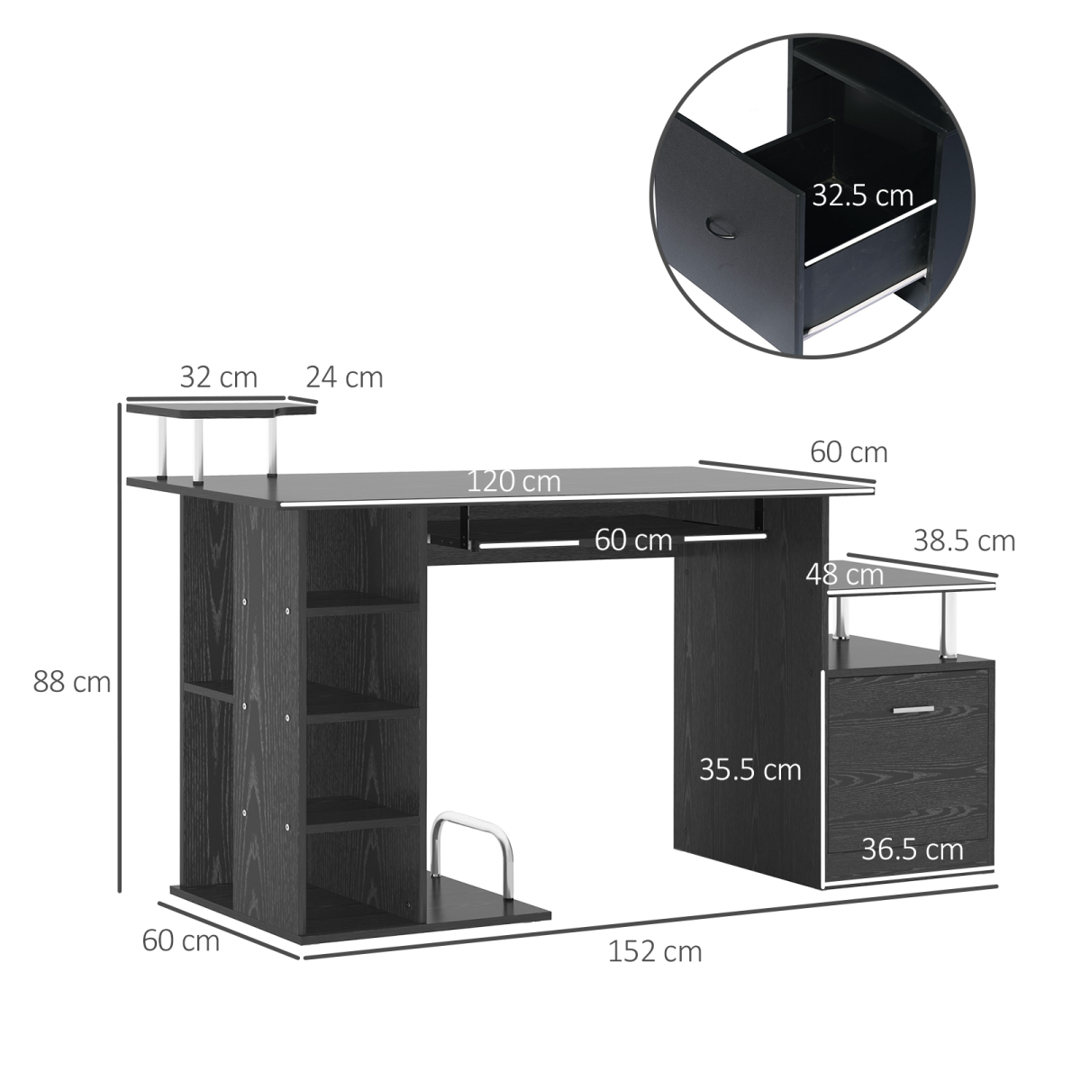 HOMCOM Wood Computer Desk with Pull-Out Keyboard Tray, Drawer & Shelves