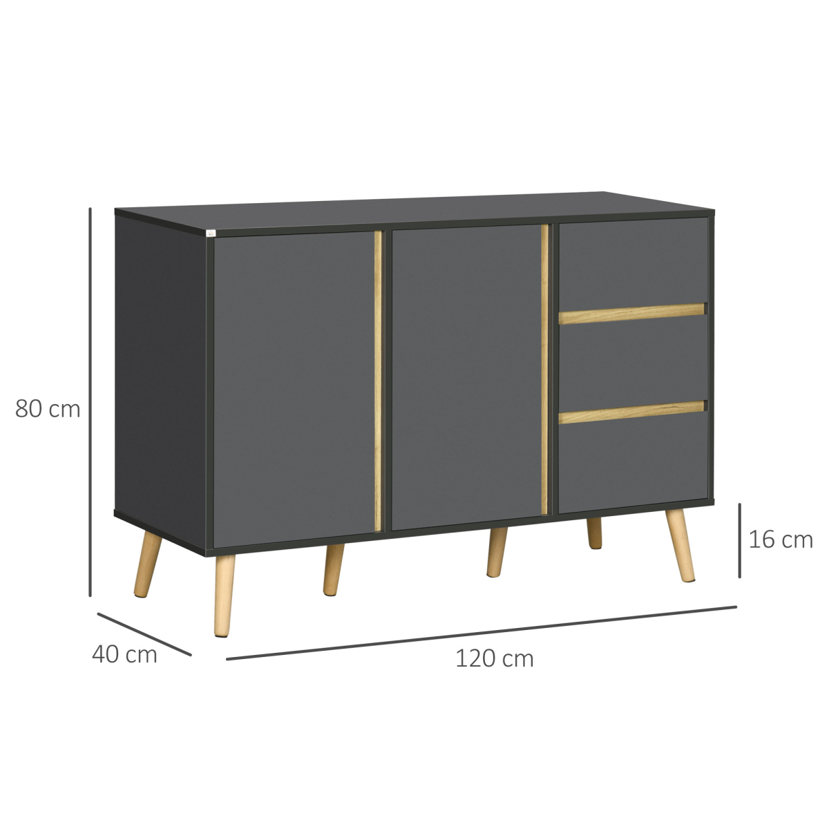 Dark Grey Sideboard Cabinet with Adjustable Shelves, Double Doors & 3 Drawers