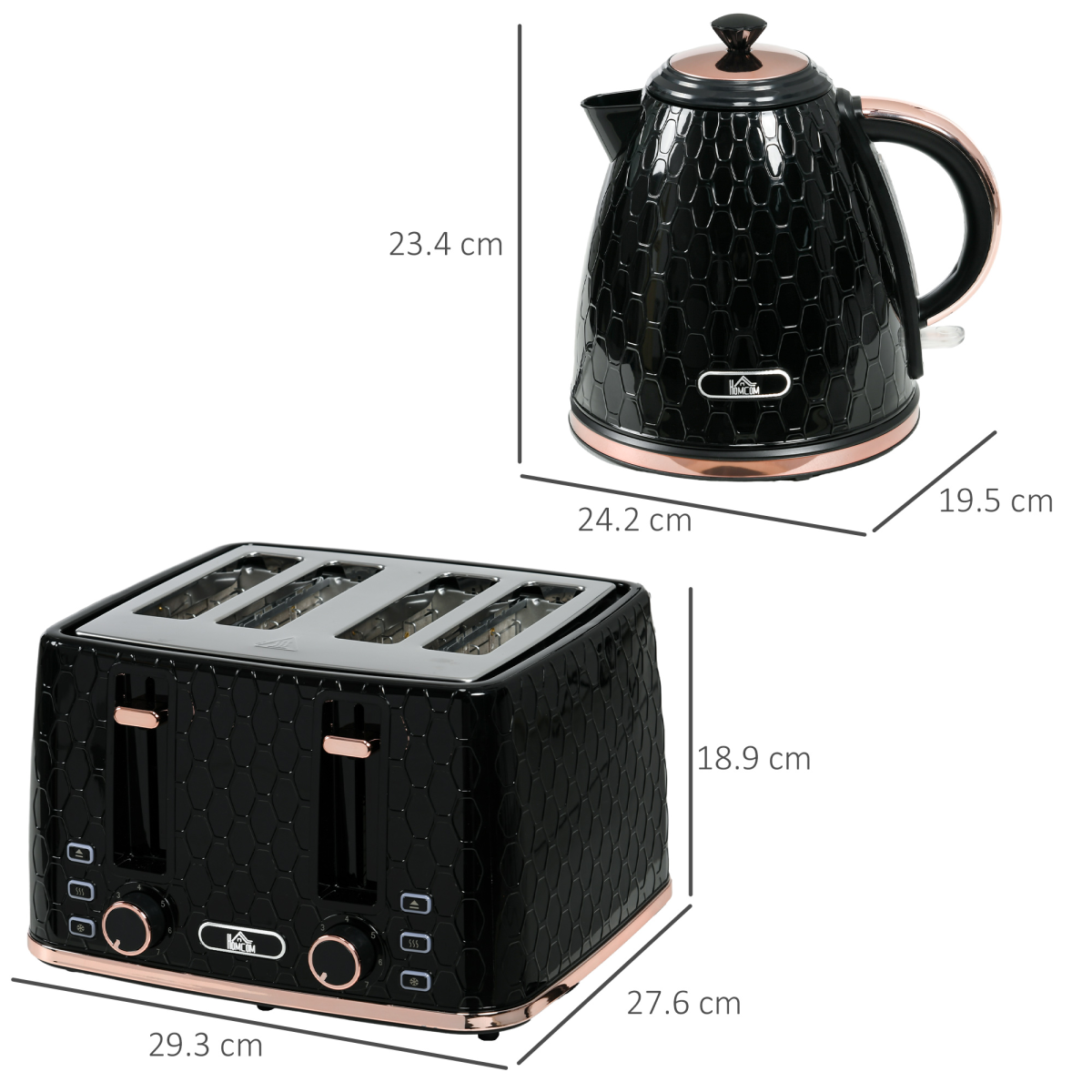 HOMCOM 1.7L Kettle & 4-Slice Toaster Set w/ Defrost, Reheat, Crumb Tray, Black