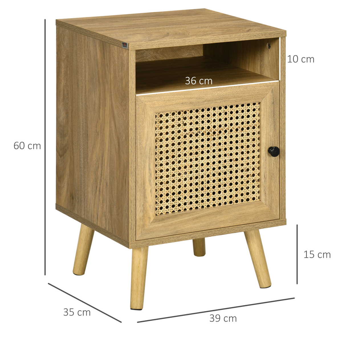HOMCOM Rattan Nightstand with Cabinet, Shelf & Tabletop Storage, Anti-Tip