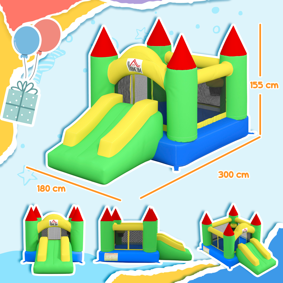 HOMCOM Inflatable Bouncy Castle with Slide & Mesh Net, Kids Jumping 3-10Y (300x180x160cm)