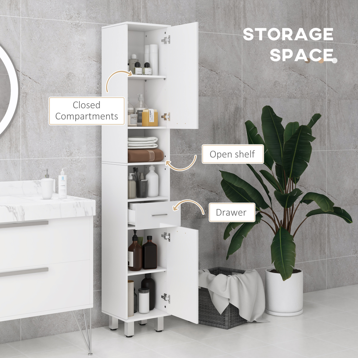 kleankin Tall Narrow Bathroom Storage Cabinet Cupboard w/ Drawer & 2-Tier Doors, White