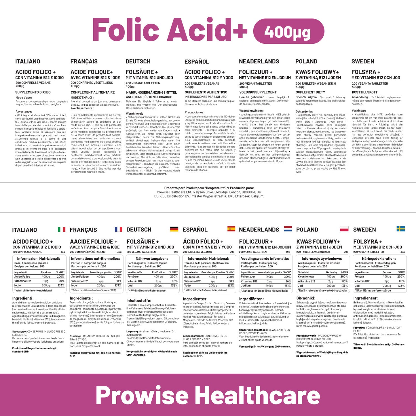 Vegan Folic Acid 400mcg Vitamin B9 Tablets (400 Count)