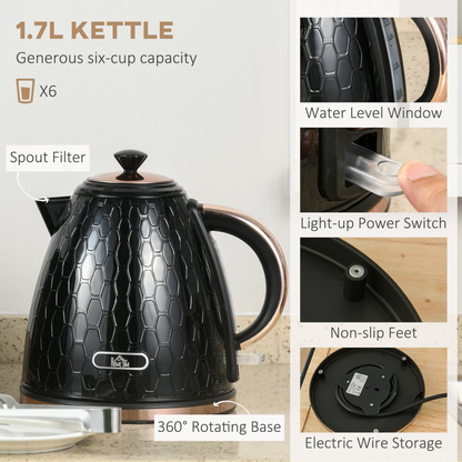 HOMCOM 1.7L Kettle & 4-Slice Toaster Set w/ Defrost, Reheat, Crumb Tray, Black