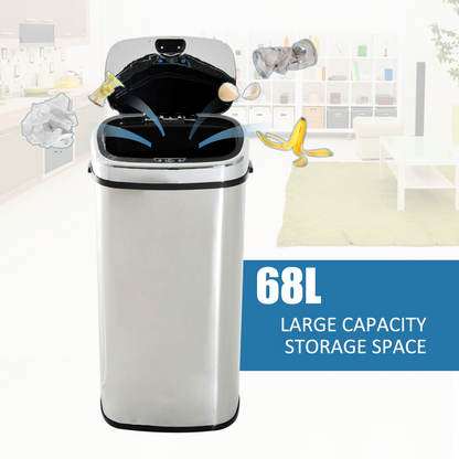 68L Touchless Sensor Bin Stainless Steel Automatic Dustbin, 20–35cm, Silver