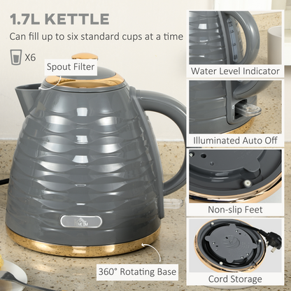 HOMCOM 1.7L Kettle & 4-Slice Toaster Set, Grey, Rapid Boil, 7 Browning Levels