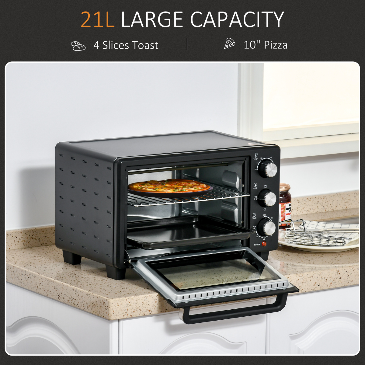 21L Mini Oven Toaster, 1400W Grill, 0–60min Timer, Bake Tray & Rack, 230°C
