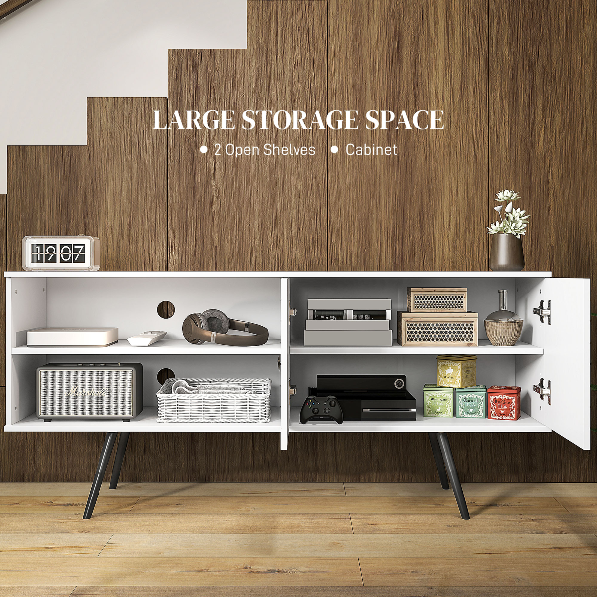 HOMCOM White TV Unit Cabinet for 65" TVs, Storage Shelves & Cable Holes