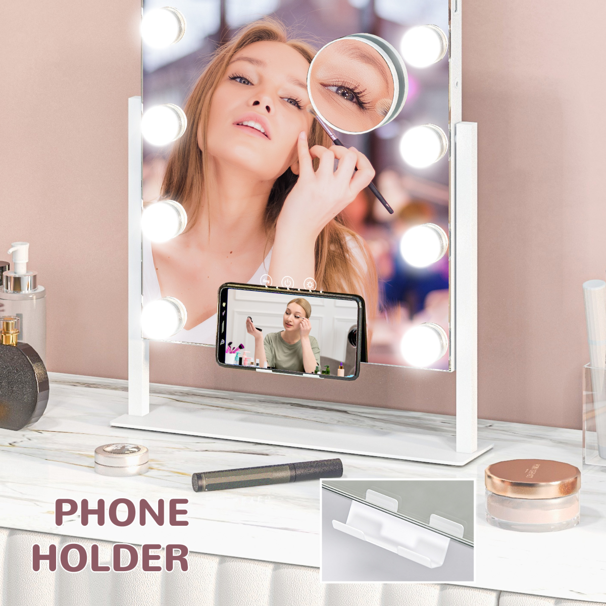 HOMCOM Hollywood LED Makeup Mirror with Magnifier, 3 Lighting Modes & USB Port