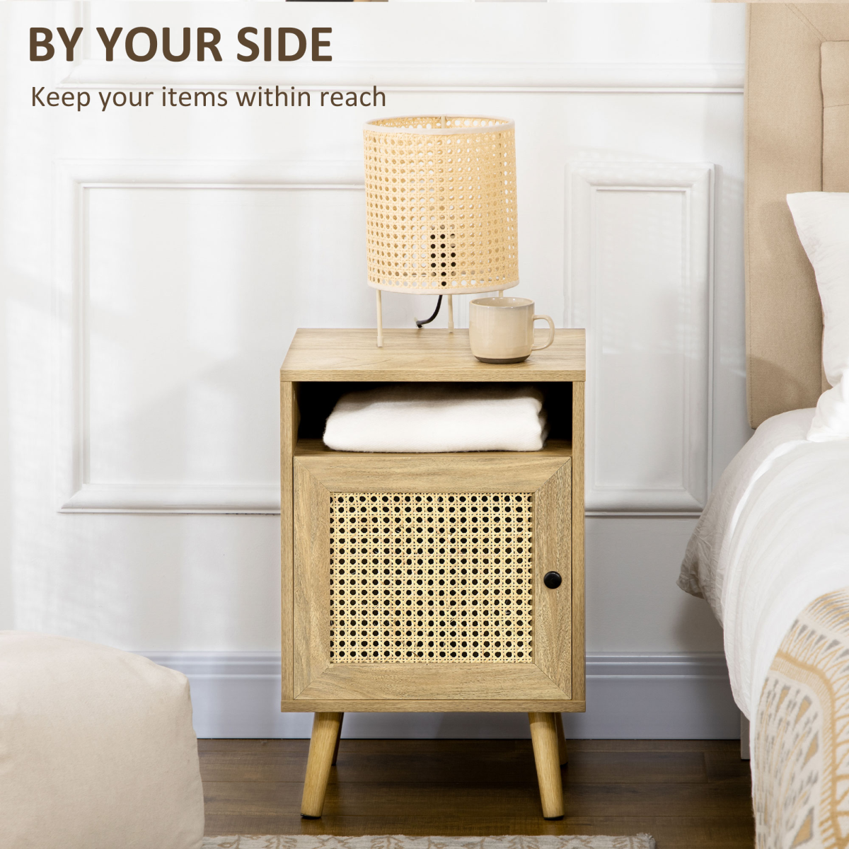 HOMCOM Rattan Nightstand with Cabinet, Shelf & Tabletop Storage, Anti-Tip