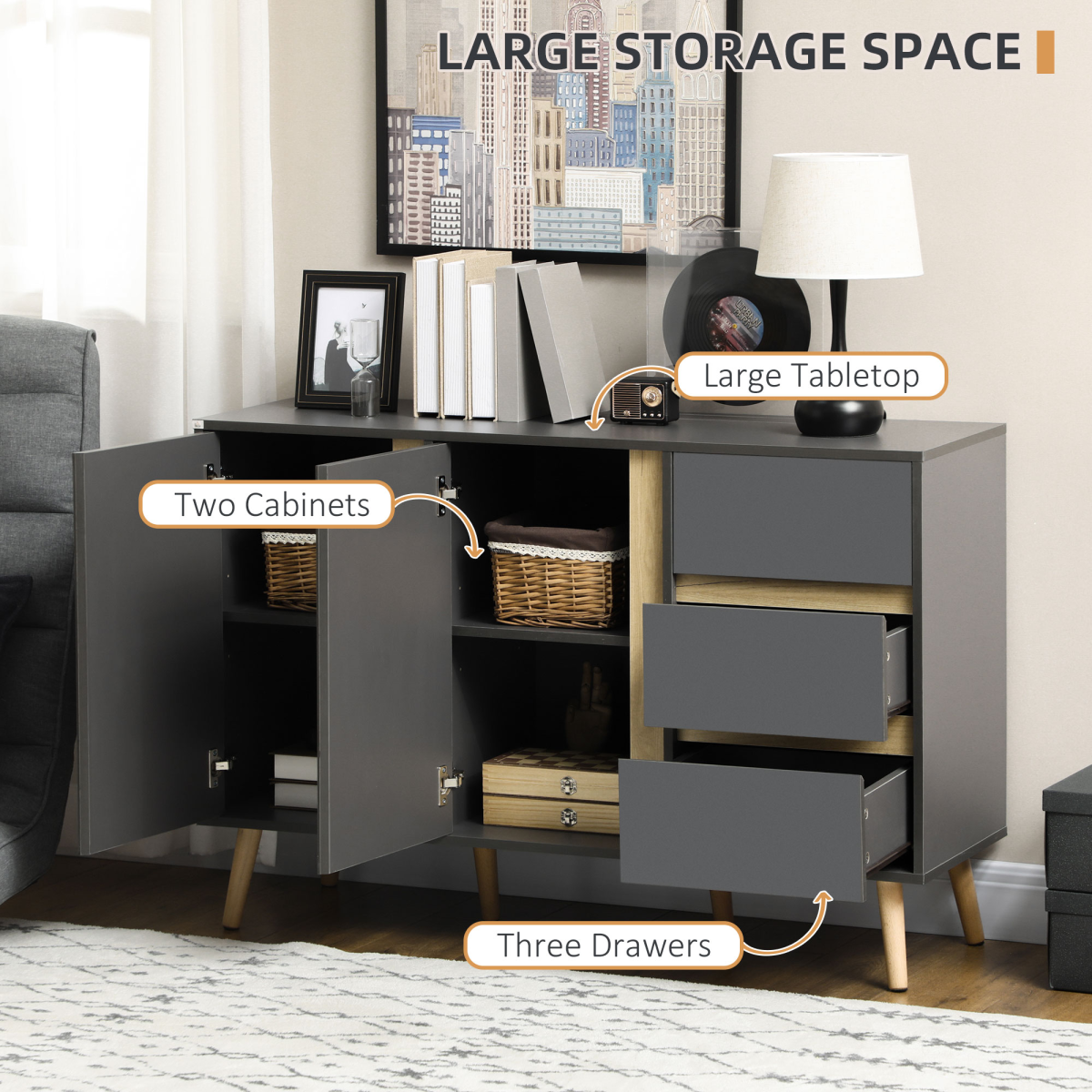 Dark Grey Sideboard Cabinet with Adjustable Shelves, Double Doors & 3 Drawers