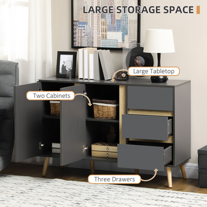 Dark Grey Sideboard Cabinet with Adjustable Shelves, Double Doors & 3 Drawers