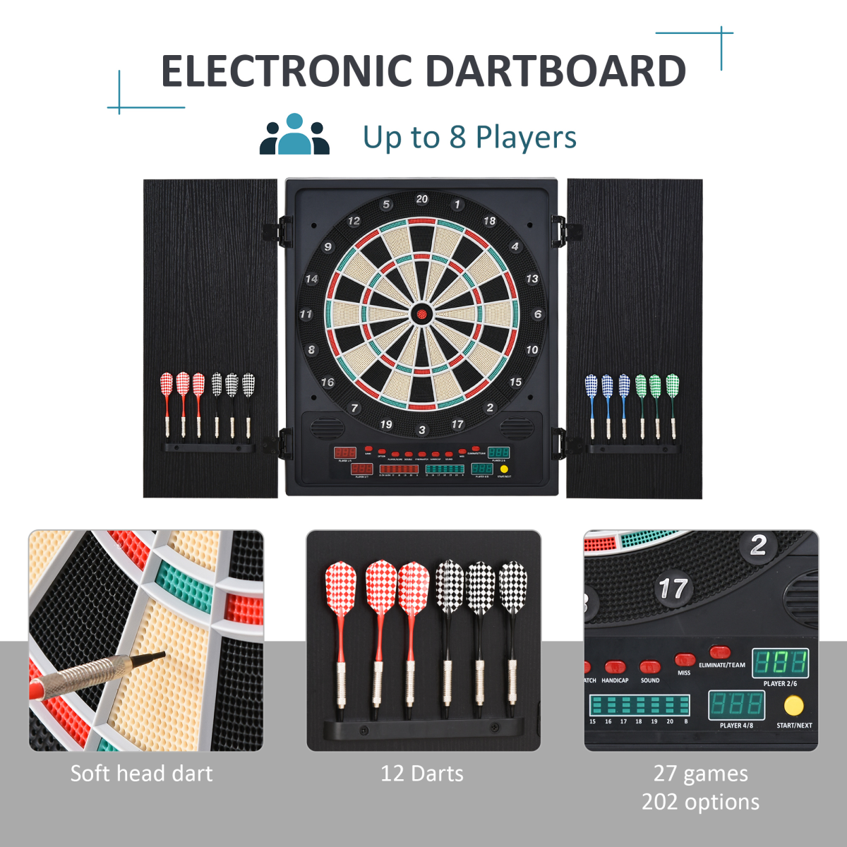 LED Electronic Dartboard with Digital Scoreboard, 27 Games & Storage Cabinet