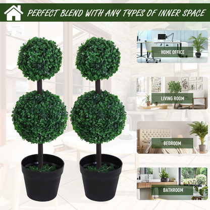 Set of 2 Artificial Boxwood Ball Topiary Trees in Green, PE Plants