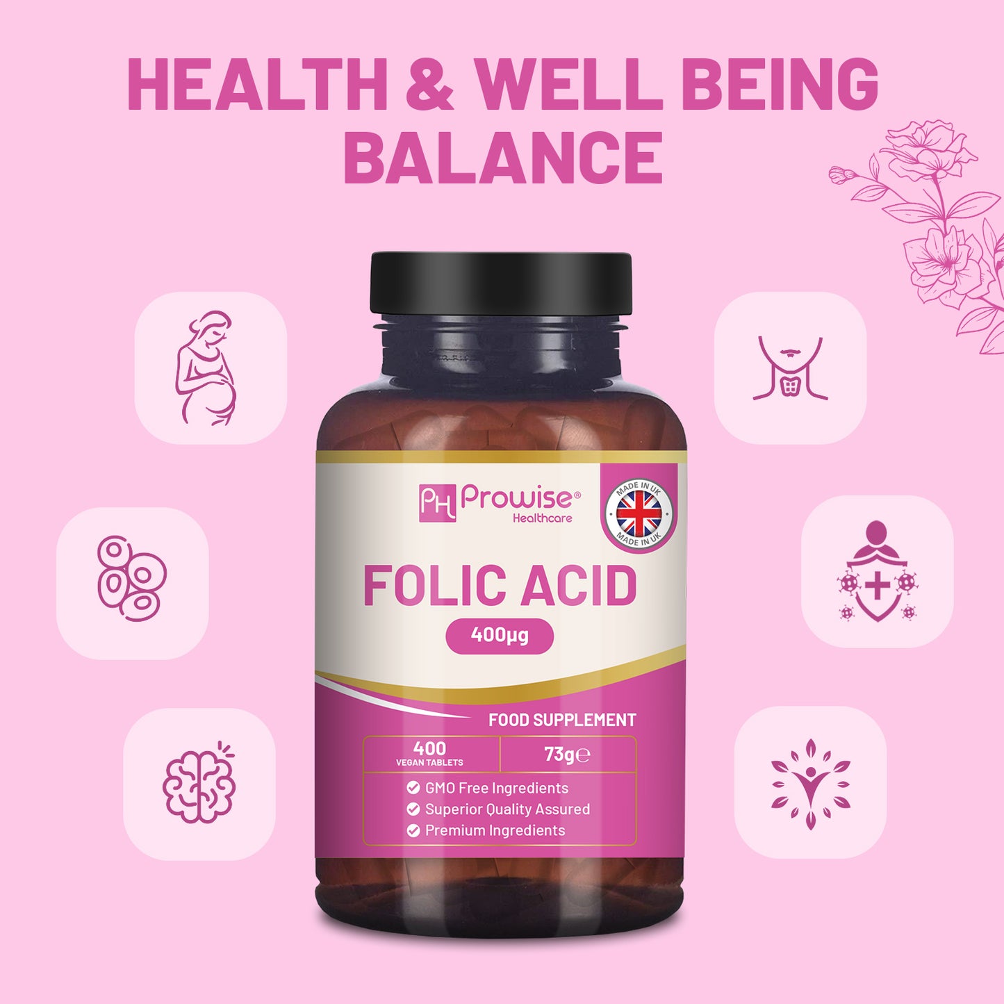 Vegan Folic Acid 400mcg Vitamin B9 Tablets (400 Count)
