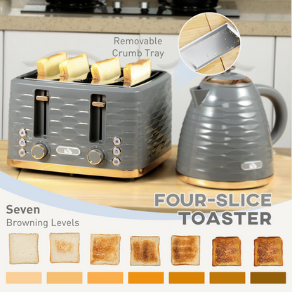 HOMCOM 1.7L Kettle & 4-Slice Toaster Set, Grey, Rapid Boil, 7 Browning Levels