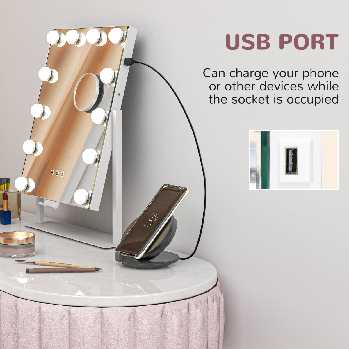 HOMCOM Hollywood LED Makeup Mirror with Magnifier, 3 Lighting Modes & USB Port
