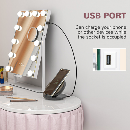 HOMCOM Hollywood LED Makeup Mirror with Magnifier, 3 Lighting Modes & USB Port