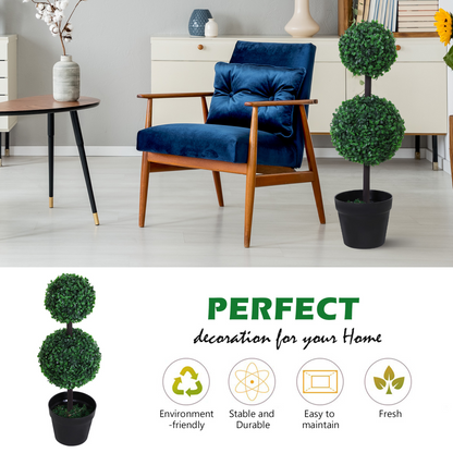 Set of 2 Artificial Boxwood Ball Topiary Trees in Green, PE Plants