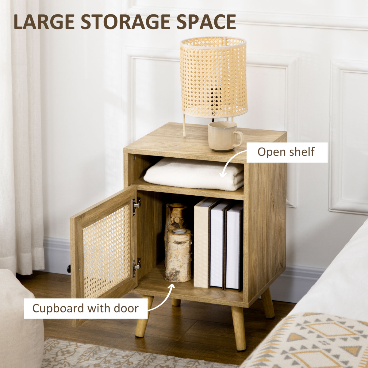 HOMCOM Rattan Nightstand with Cabinet, Shelf & Tabletop Storage, Anti-Tip
