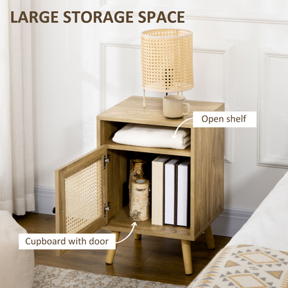 HOMCOM Rattan Nightstand with Cabinet, Shelf & Tabletop Storage, Anti-Tip