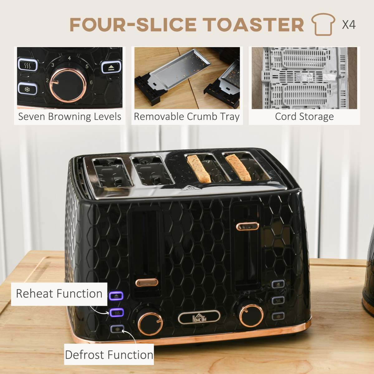 HOMCOM 1.7L Kettle & 4-Slice Toaster Set w/ Defrost, Reheat, Crumb Tray, Black