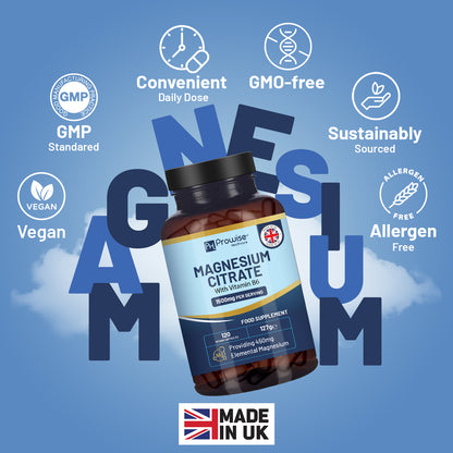 Magnesium Citrate 1500mg with Vitamin B6 | 120 Vegan Capsules (450mg Mg)