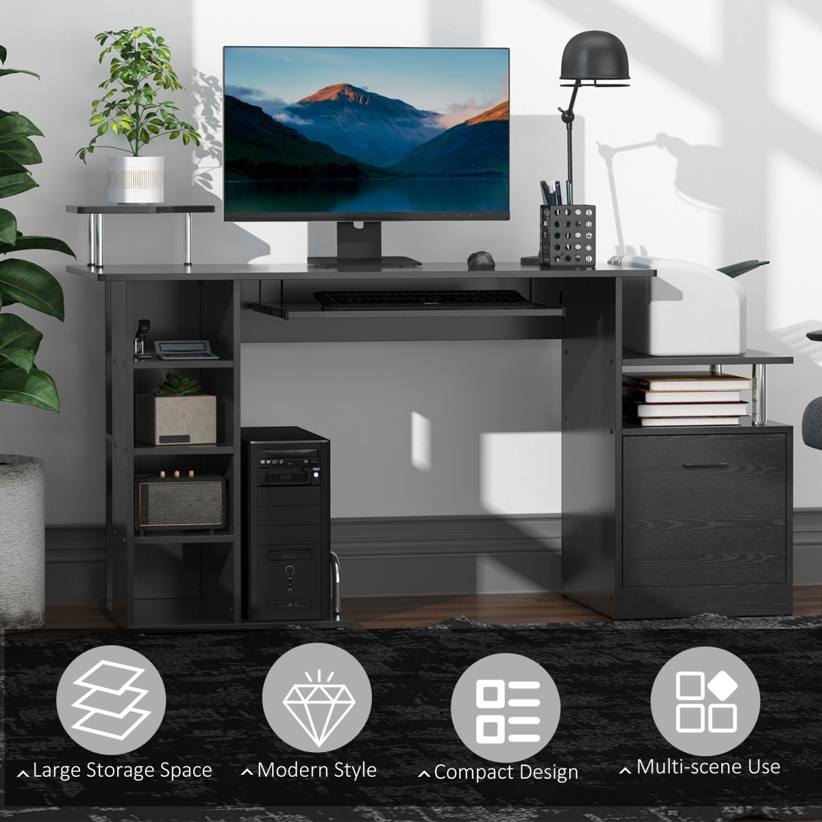 HOMCOM Wood Computer Desk with Pull-Out Keyboard Tray, Drawer & Shelves