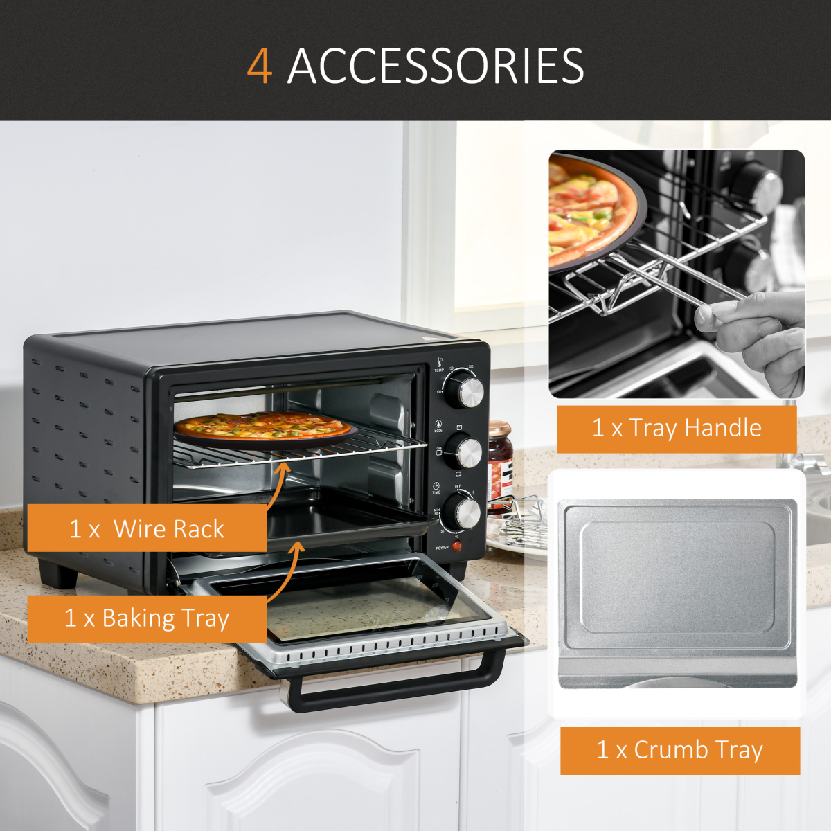 21L Mini Oven Toaster, 1400W Grill, 0–60min Timer, Bake Tray & Rack, 230°C