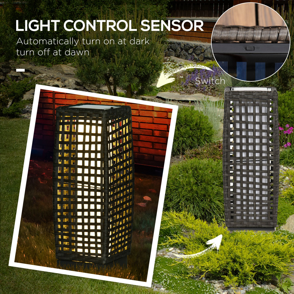 Outsunny Solar Rattan Lantern Outdoor, Warm White LED, Auto On/Off, IP44