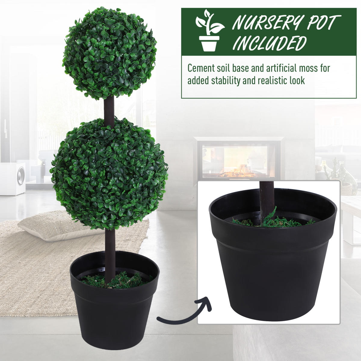 Set of 2 Artificial Boxwood Ball Topiary Trees in Green, PE Plants